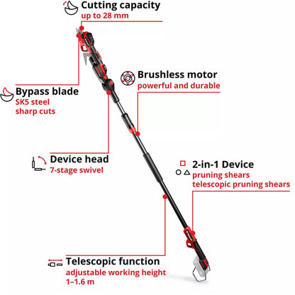 Einhell Professional Akku-Teleskop-Astschere GP-LS 18/28 Li T BL-Solo, 18Volt (rot/schwarz, ohne Akku und Ladegerät, 2-in-1 Astschere oder Teleskopschere)