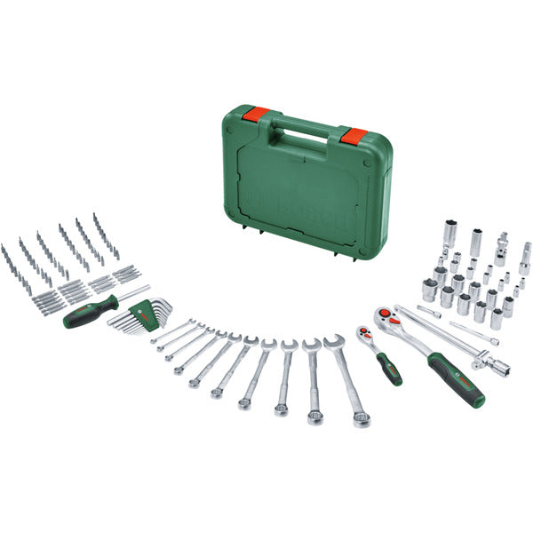 Bosch Powertools Advanced Werkzeugkoffer, 132-teilig (grün, mit 2 Umschaltknarren 1/4" und 1/2")