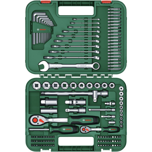 Bosch Powertools Advanced Werkzeugkoffer, 132-teilig (grün, mit 2 Umschaltknarren 1/4" und 1/2")