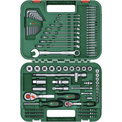 Bosch Powertools Advanced Werkzeugkoffer, 132-teilig (grün, mit 2 Umschaltknarren 1/4" und 1/2")