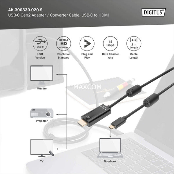 Digitus USB-C Adapterkabel USB-C > HDMI A, 4K @ 60HZ (schwarz, 2 Meter)