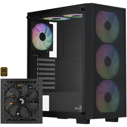 Aerocool B509A Flow-G-BK-v1, mit Netzteil Aero 650 (schwarz, Tempered Glass)