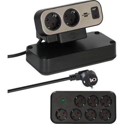 Brennenstuhl estilo Duplex Tischsteckdosenleiste 9-fach, 2x USB (schwarz/silber, 2 Meter Kabel, USB-A, USB-C, mit beleuchtetem Sicherheitsschalter)