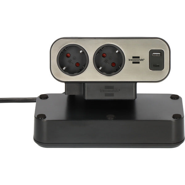 Brennenstuhl estilo Duplex Tischsteckdosenleiste 9-fach, 2x USB (schwarz/silber, 2 Meter Kabel, USB-A, USB-C, mit beleuchtetem Sicherheitsschalter)