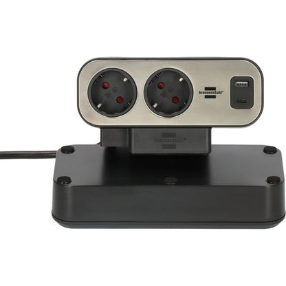 Brennenstuhl estilo Duplex Tischsteckdosenleiste 9-fach, 2x USB (schwarz/silber, 2 Meter Kabel, USB-A, USB-C, mit beleuchtetem Sicherheitsschalter)