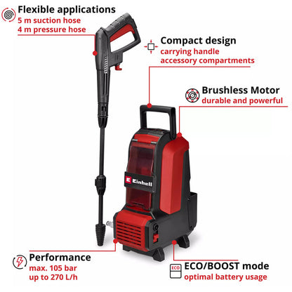 Einhell Akku-Hochdruckreiniger HYPRESSO 36/105 (rot/schwarz, ohne Akku und Ladegerät)
