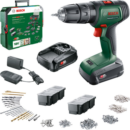 Bosch Power Tools UniversalImpact 18V Cordless Hammer Drill Driver (Green/Black, 2x 1.5Ah Li-Ion Batteries, 241-Piece Set)