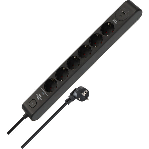 Brennenstuhl Steckdosenleiste 6-fach mit 1x USB-C, 1x USB-A (schwarz/anthrazit, 2 Meter, 13.500A Überspannungsschutz)