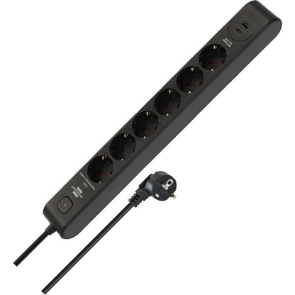 Brennenstuhl Steckdosenleiste 6-fach mit 1x USB-C, 1x USB-A (schwarz/anthrazit, 2 Meter, 13.500A Überspannungsschutz)