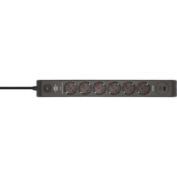 Brennenstuhl Steckdosenleiste 6-fach mit 1x USB-C, 1x USB-A (schwarz/anthrazit, 2 Meter, 13.500A Überspannungsschutz)