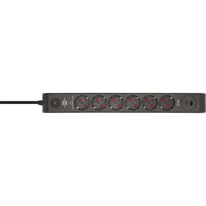 Brennenstuhl Steckdosenleiste 6-fach mit 1x USB-C, 1x USB-A (schwarz/anthrazit, 2 Meter, 13.500A Überspannungsschutz)