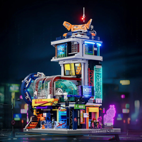 Lumibricks Cyberpunk Neoncity Schwebezug Station