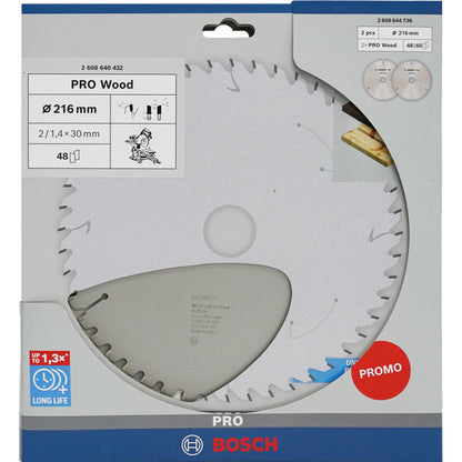 Bosch Powertools PRO Wood Kreissägeblatt 216 mm (2 Stück, Promo-Pack)