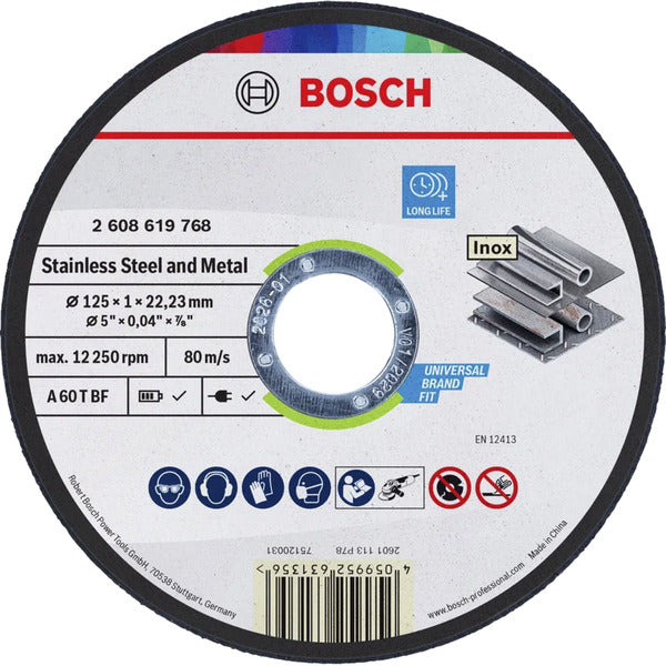 Bosch Powertools Trennscheibe für Edelstahl und Metall, Ø 125 mm, 100 Stück im Eimer (Bohrung 22,23 mm, A 60 T BF)