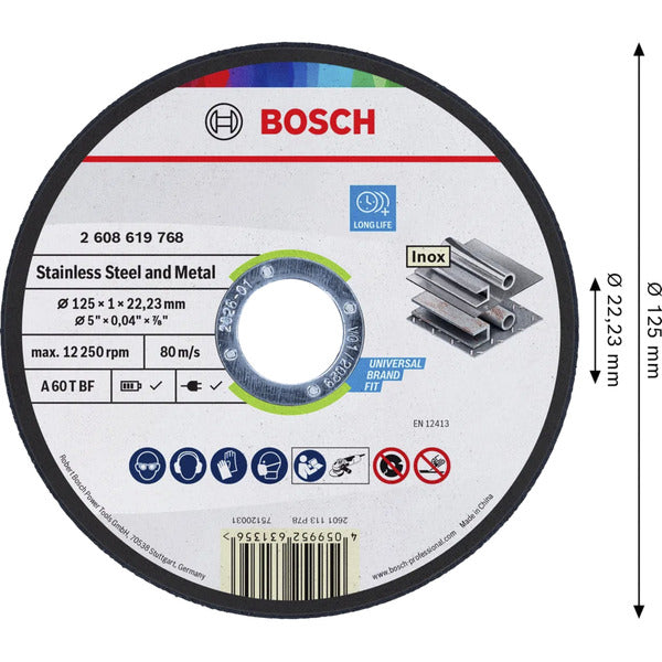 Bosch Powertools Trennscheibe für Edelstahl und Metall, Ø 125 mm, 100 Stück im Eimer (Bohrung 22,23 mm, A 60 T BF)