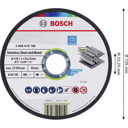 Bosch Powertools Trennscheibe für Edelstahl und Metall, Ø 125 mm, 100 Stück im Eimer (Bohrung 22,23 mm, A 60 T BF)
