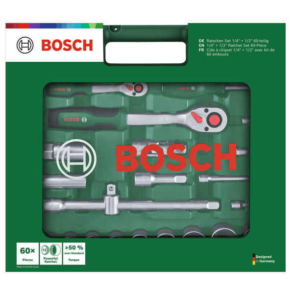 Bosch Powertools 1/4" + 1/2" Ratschen Set mit Steckschlüsseln, 60-teilig (grün, Drehmoment bis 768 Nm, im Koffer)