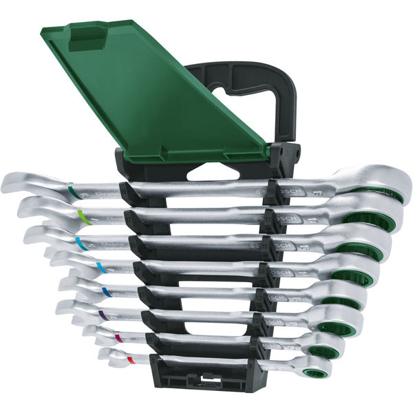 Bosch Powertools Schraubenschlüssel mit Ratsche Set, 8-teilig (grün/schwarz)