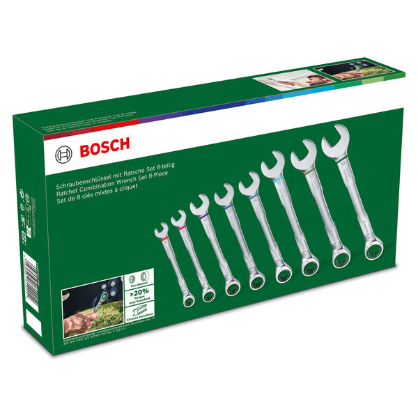 Bosch Powertools Schraubenschlüssel mit Ratsche Set, 8-teilig (grün/schwarz)