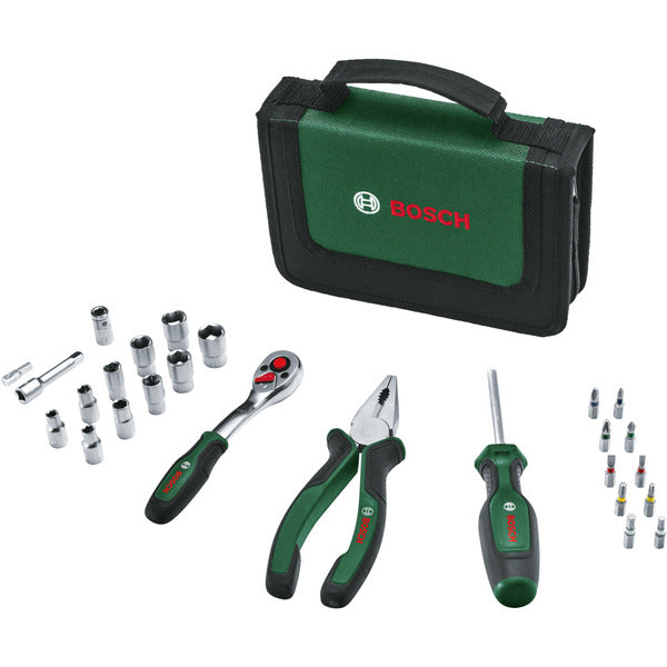 Bosch Powertools Starter Werkzeug Set, 26-teilig (grün/schwarz, mit Textil-Reißverschlussetui)