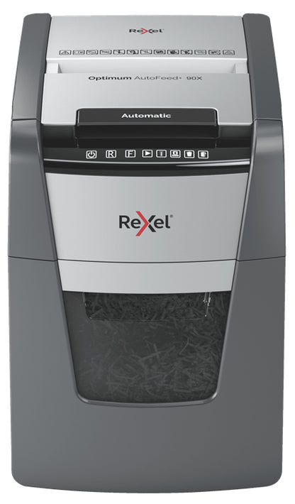 Κομποστοποιητής Εγγράφων Rexel AutoFeed+ 90X με Αυτόματη Τροφοδοσία, Καταστροφή σε Σταυροειδείς Λωρίδες, Επίπεδα Θορύβου 55 dB, Μαύρο και Γκρι
