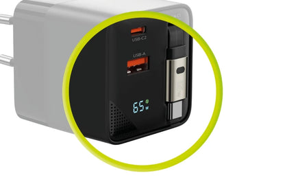 Mobile Origin 65W GaN Charger with USB-C retractable cable + USB-A 75cm