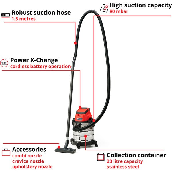 Einhell TC-VC 18/20 Li S-Solo, Nass-/Trockensauger (rot/silber, ohne Akku und Ladegerät)