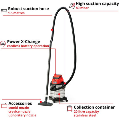 Einhell TC-VC 18/20 Li S-Solo, Nass-/Trockensauger (rot/silber, ohne Akku und Ladegerät)