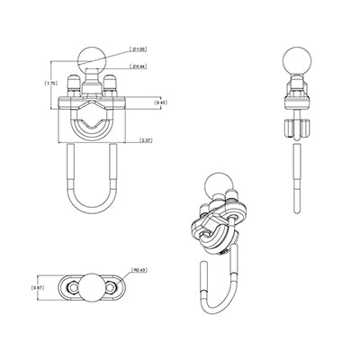 Βάση RAM Mounts με U-Bolt για τιμόνι, κατάλληλη για σωλήνες διαμέτρου 0,5" έως 1,25"