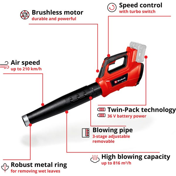 Einhell Professional Akku-Laubbläser GE-LB 36/210 Li E - Solo, 36Volt (2x18V) (rot/schwarz, ohne Akku und Ladegerät)