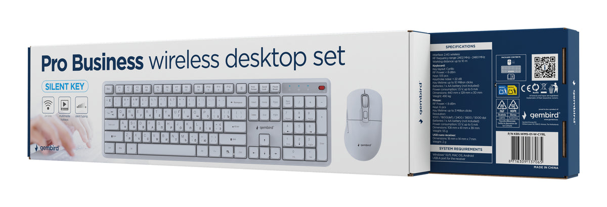 Gembird KBS-WMS-01-W-CYRL Silent key Pro Business wireless desktop set, white, RU layout