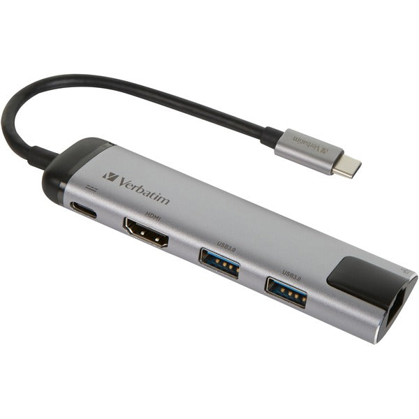 Verbatim USB 3.2 Gen 1 Multiport Hub, USB-C Connector to 2x USB-A + USB-C Port + HDMI Port + RJ-45 Ethernet Port (Silver/Black, PD, Charging up to 100 Watts)