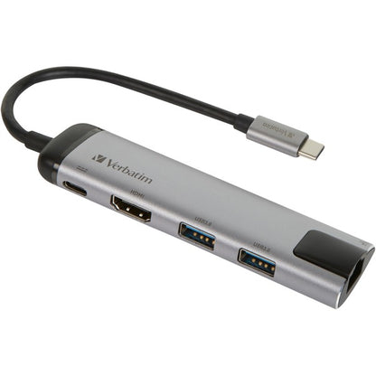 Verbatim USB 3.2 Gen 1 Multiport Hub, USB-C Connector to 2x USB-A + USB-C Port + HDMI Port + RJ-45 Ethernet Port (Silver/Black, PD, Charging up to 100 Watts)