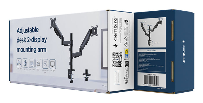 Gembird MA-DA2P-02 Adjustable desk 2-display mounting arm, 17”-32”, black