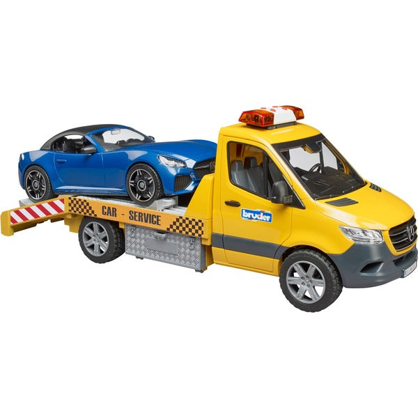 BRUDER MB Sprinter Αυτομεταφορέας με Light & Sound Module (πορτοκαλί/μπλε, Συμπεριλαμβάνει Roadster)