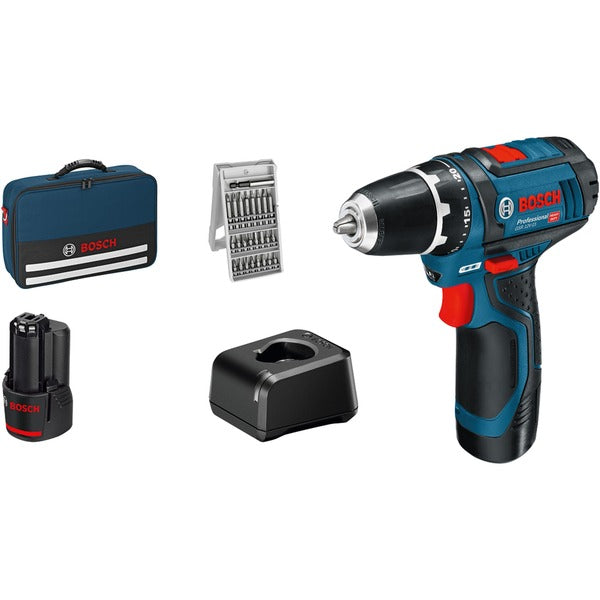 Bosch Powertools GSR 12V-15 Professional Cordless Drill Driver, 12 Volt (Blue/Black, 2x 2.0Ah Li-Ion Batteries, 25 Bits)