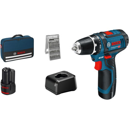 Bosch Powertools GSR 12V-15 Professional Cordless Drill Driver, 12 Volt (Blue/Black, 2x 2.0Ah Li-Ion Batteries, 25 Bits)