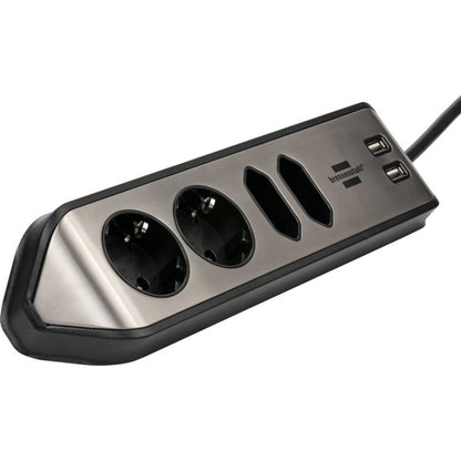Brennenstuhl estilo Eck-Steckdosenleiste 4-fach (schwarz/edelstahl, 2 Meter, 2x USB)