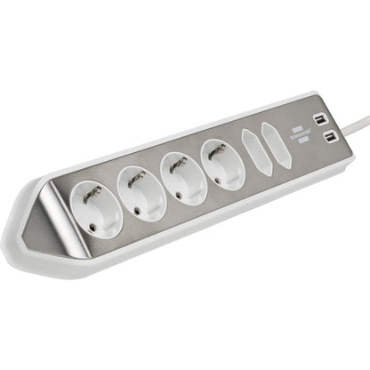 Brennenstuhl estilo Eck-Steckdosenleiste 6-fach (weiß/edelstahl, 2 Meter, 2x USB)
