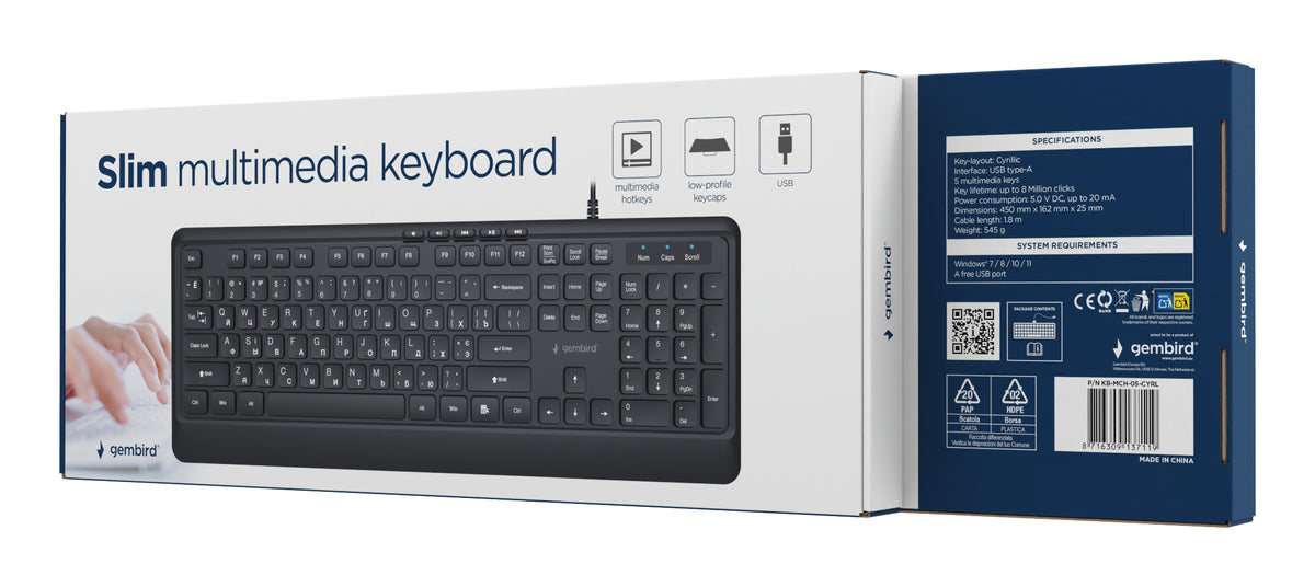 Gembird KB-MCH-05-CYRL Slim wired multimedia keyboard, black, RU layout