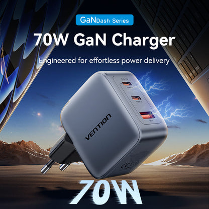 Vention 70W GaN PD Charger 1x USB-A 2x USB-C BK