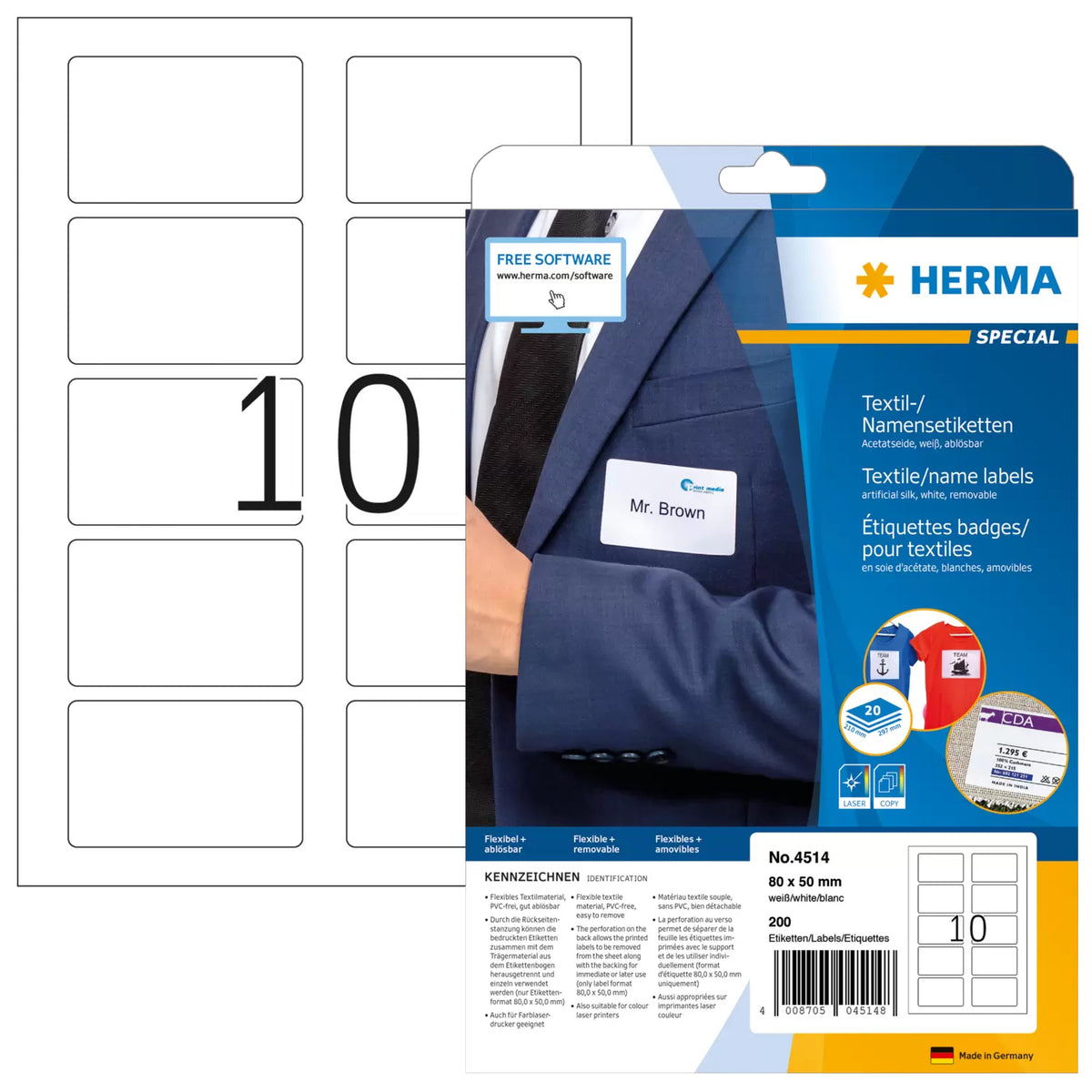 HERMA Textil/Namensetiketten A4 80x50mm weiß          200St.