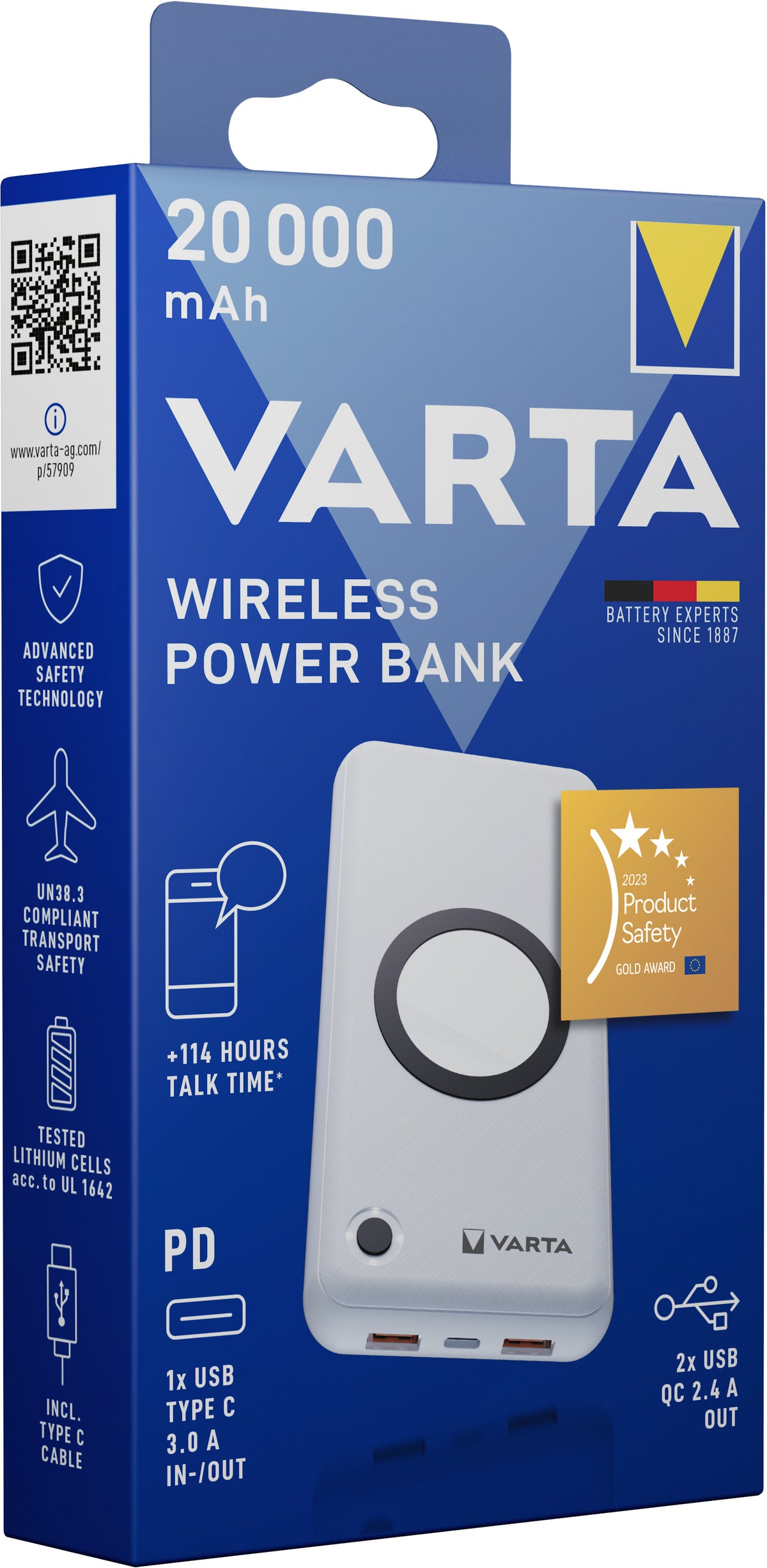 Varta Powerbank Wireless 20000mAh 1x USB-C + 2x USB-A