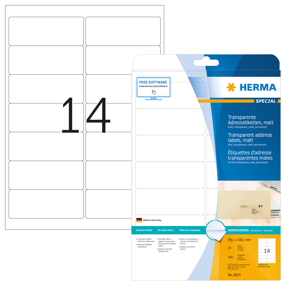 HERMA Transparent Matt Labels A4 99.1 x 38.1 mm Film, 350 pcs