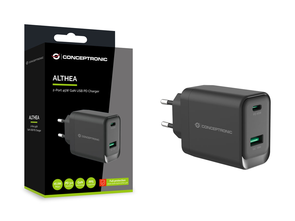 CONCEPTRONIC 2-Port GaN Charger USB-C/USB-A 45W PD 3.0/PPS (Black)