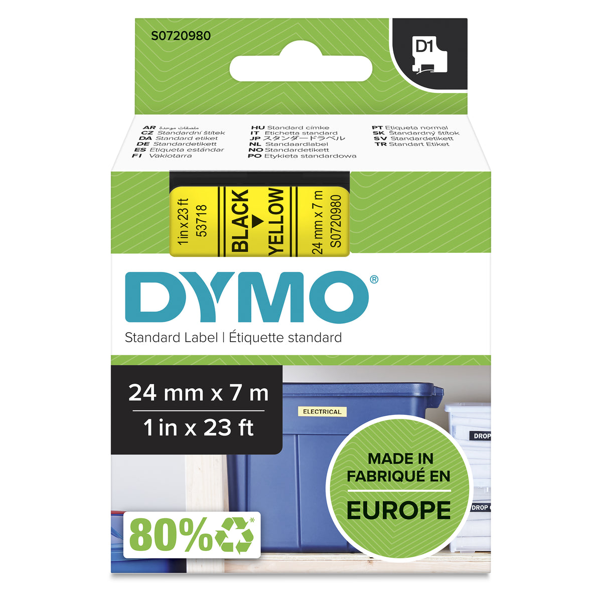 DYMO D1 Label Tape 53718, 24 mm x 7.0 m, Black on Yellow
