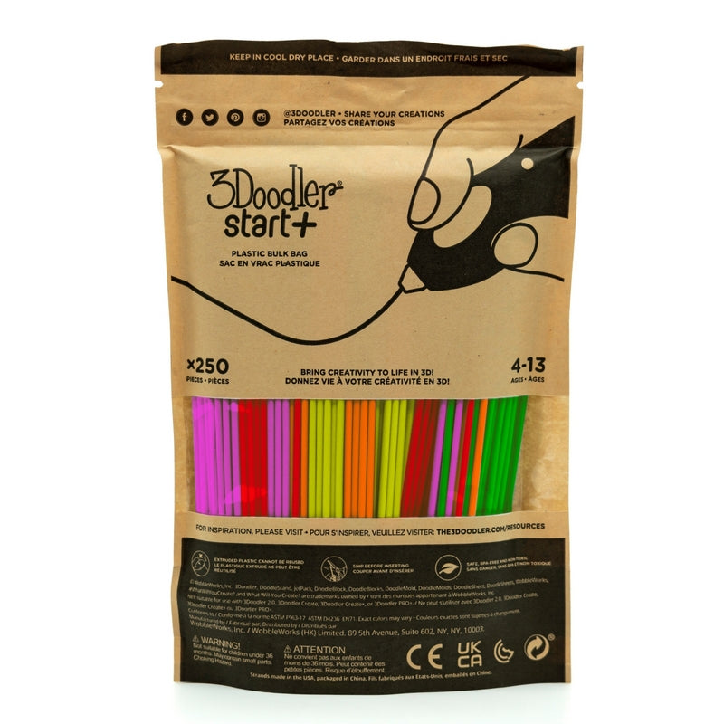 3Doodler Filament Start+ 250 Neon Compostable Plastic — Fluorescent Red, Orange, Green, Yellow, Pink — 1 g