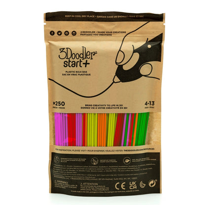 3Doodler Filament Start+ 250 Neon Compostable Plastic — Fluorescent Red, Orange, Green, Yellow, Pink — 1 g