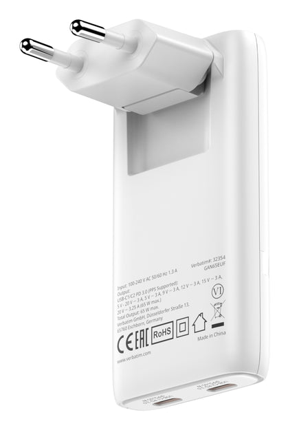 Verbatim Fold n Go GaN Charger 65W 2x USB-C White Foldable Stand 32355