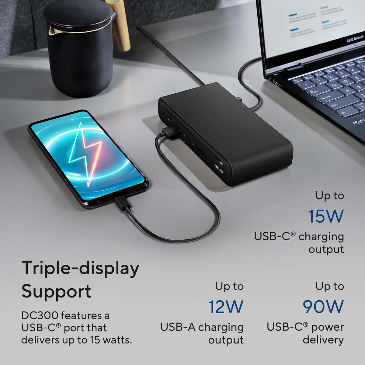 ASUS DC300 Triple Display USB-C Docking Station, USB 3.2 Gen 2 (3.1 Gen 2) Type-C, Black